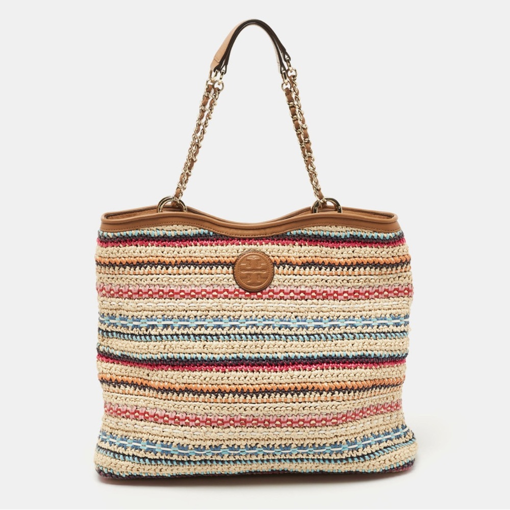 Tory Burch Multicolor Stripe Raffia and
Leather Marion Tote